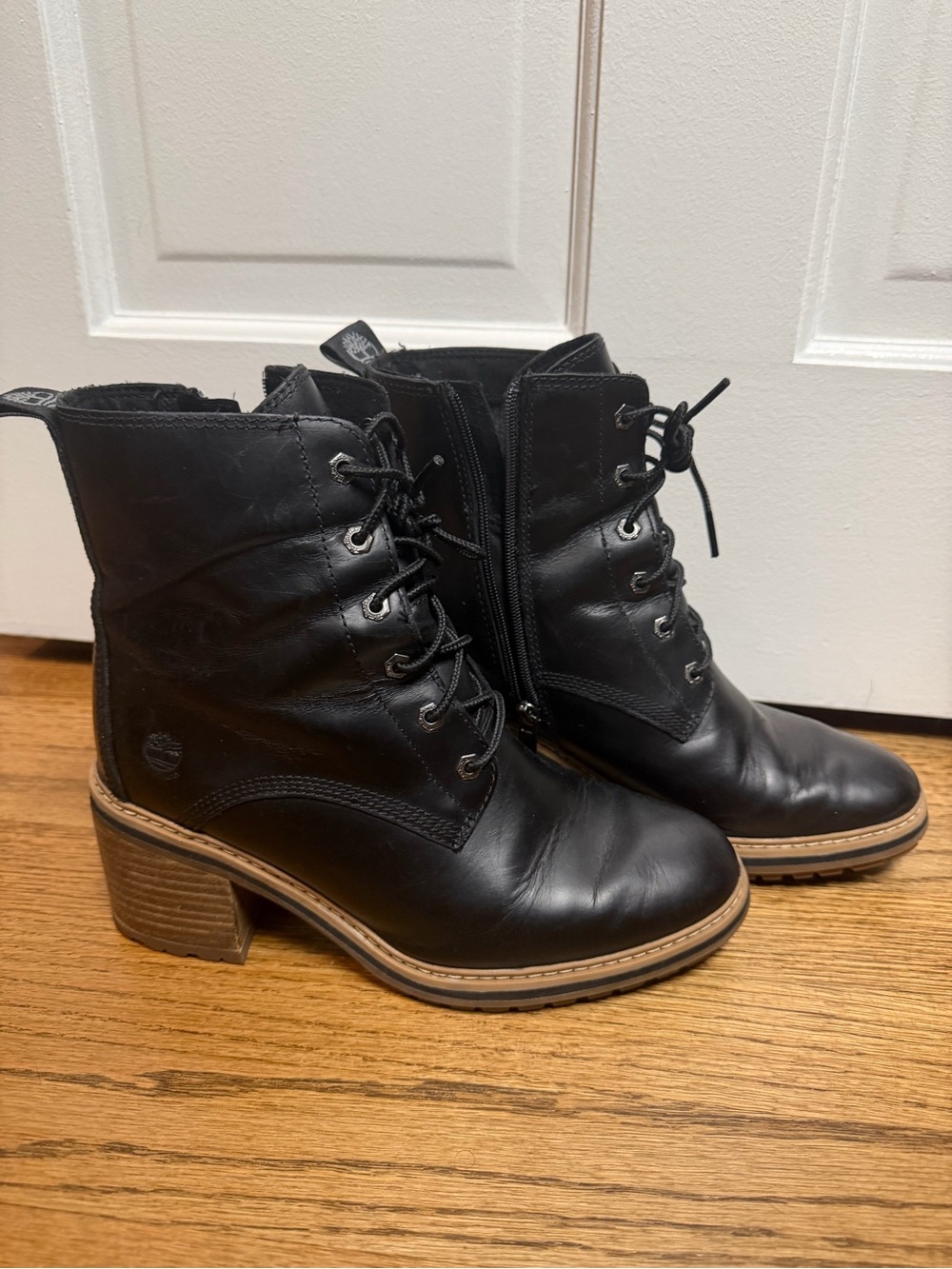 Timberland Black Leather Lace-Up Heeled Ankle Boots